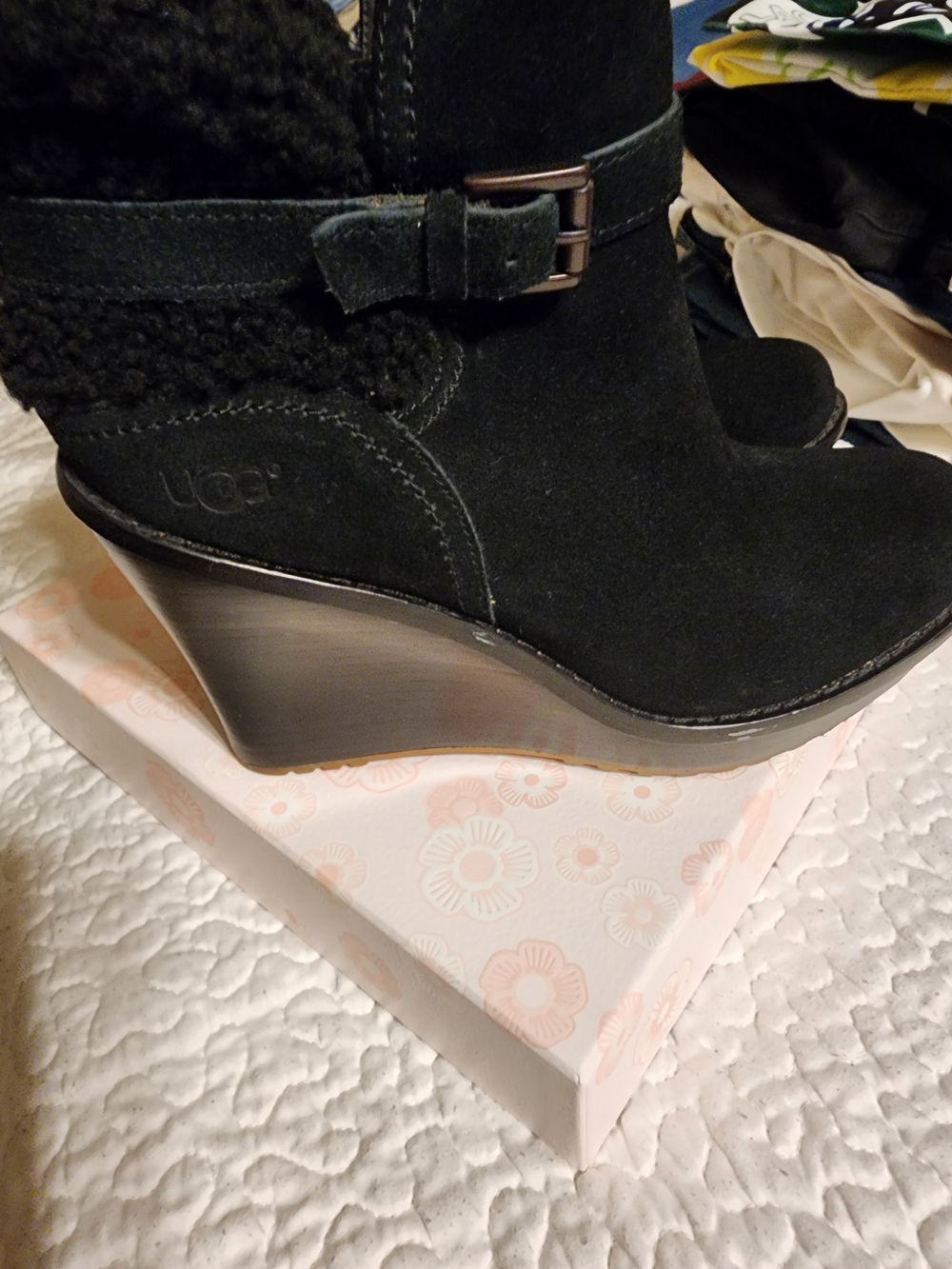 UGG Black Suede Wedge Booties with Buckle Detail